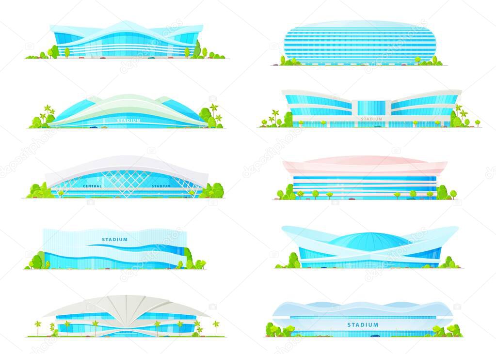 Arena stadium buildings, vector flat icons. Football soccer and sport games modern arena building entrance facades with glass dome or open top and infrastructure