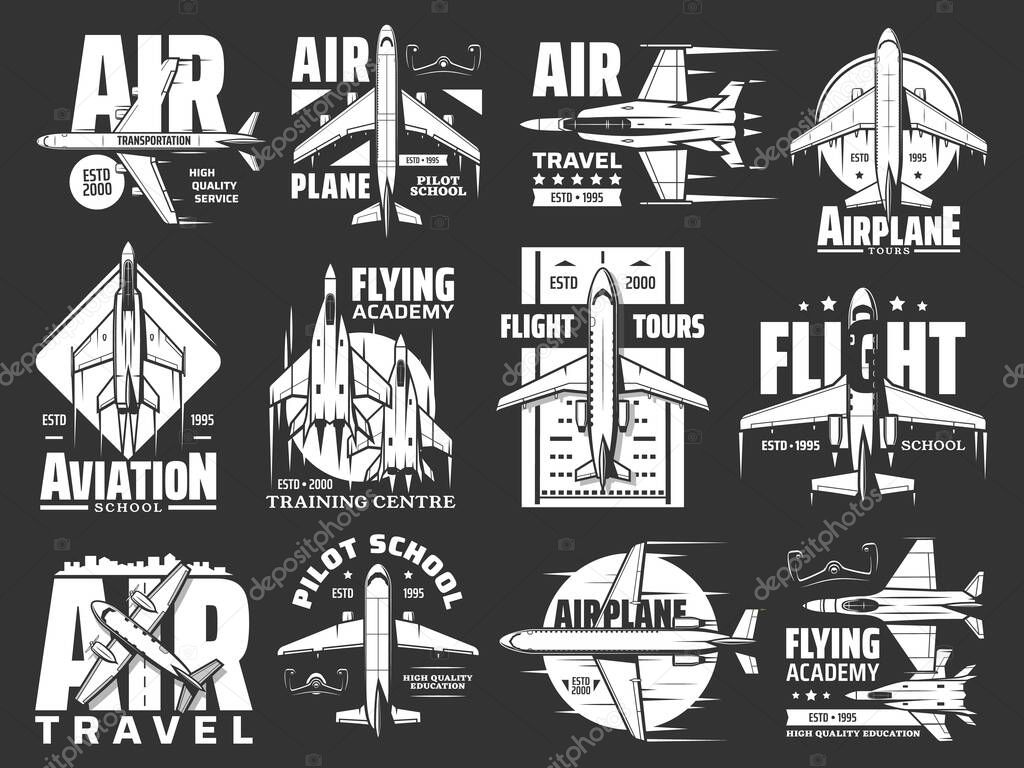 Aviation, air travel and airplane vector icons. Flight tours and aircraft pilot school badge, military aviation and air transport academy, flying training center and airlines passenger service company
