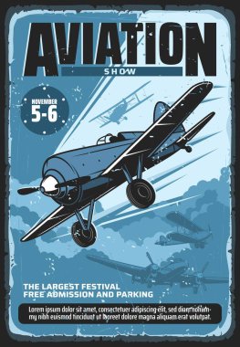 Havacılık gösterisi, askeri uçak profesyonel pilot uçuş festivali, vektör antika poster. Sivil havacılık, askeri hava kuvvetleri ve özel uçuş pervanesi uçağı, vatanseverlik günü gösterisi.