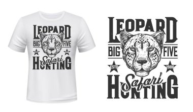 Afrika safari avcılığı, vahşi leopar hayvanlı vektör tişört baskısı. Spor kulübü ve safari macerası leopar panter ağızlık ve tişört için yıldız sembolü.