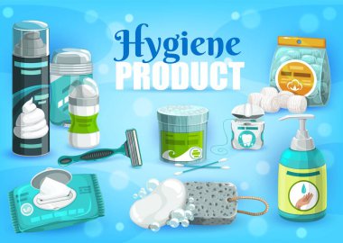 Hijyen ürünleri, kadın ve erkek günlük vektör ürünleri. Tıraş bıçağı, köpük ve jöle, deodorant terletici, diş ipi ve pamuk çubukları, sıvı sabun ve ıslak havlular.