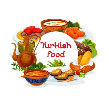 Türk mutfağı menüsü, hindi yemekleri ve yemekler. Otantik Türk kırmızı mercimek ve Illa çorbası, geleneksel iskender ve şiş kebap, kofte ve yağlı midye.