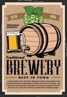 El yapımı bira imalathanesi, vektör retro vintage poster, ahşap fıçı, bira bardağı ve hop. El yapımı bira barı, geleneksel Alman Ekim Festivali, kaliteli alkol içecekleri ve içecekler.