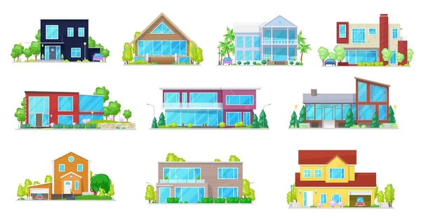 Casas Privadas Villa Mansión Casa Campo Edificios Residenciales Iconos Vectores — Vector de stock