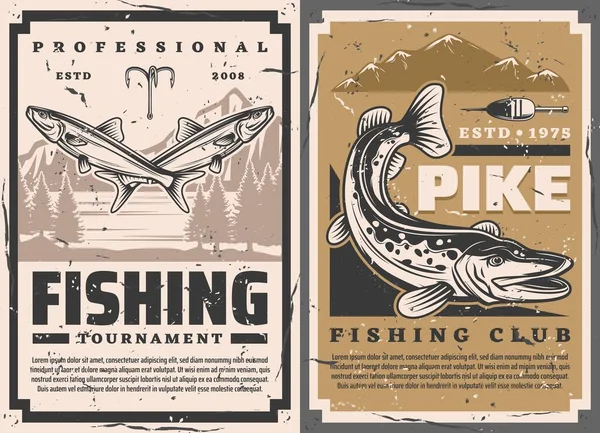 釣りクラブや魚の大きな魚の大会 ベクトルレトロヴィンテージのポスターをキャッチします パイクとパーチ釣り ルアーとタックル ロッドフックとフローター — ストックベクタ