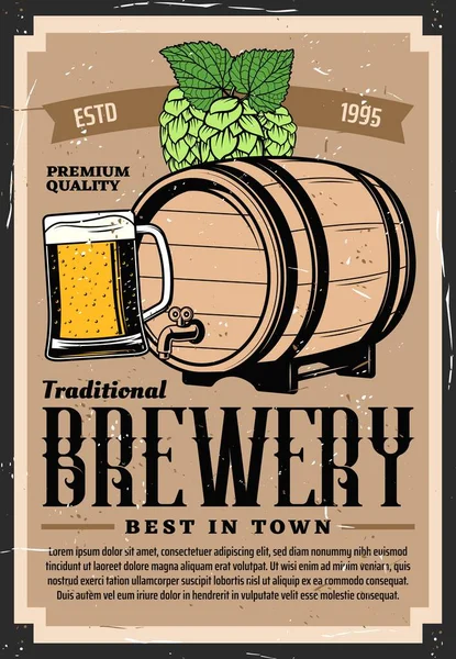 Craft Beer Brewery Vector Retro Vintage Poster Wooden Barrel Pint — Stock Vector