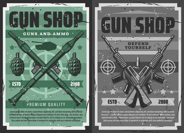 Gun Shop Military Ammunition Weapon Store Vector Retro Vintage Posters — Stock Vector