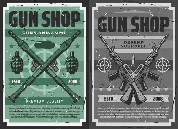 Gun shop and military ammunition weapon store, vector retro vintage posters. Defense weaponry, shooting range machine guns, bullets and bomb launchers, grenades and bazookas, tanks and revolvers
