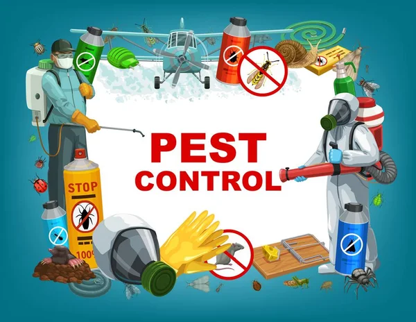 Pest control service vector poster, disinfestation and deratization sanitary. Domestic insects ticks and cockroach disinfection, agrarian bugs and louse fumigation, rats and mouse extermination — Stock Illustration Pest Control Service Vector Poster Disinfestation Deratization Sanitary Domestic Insects Stock Vector