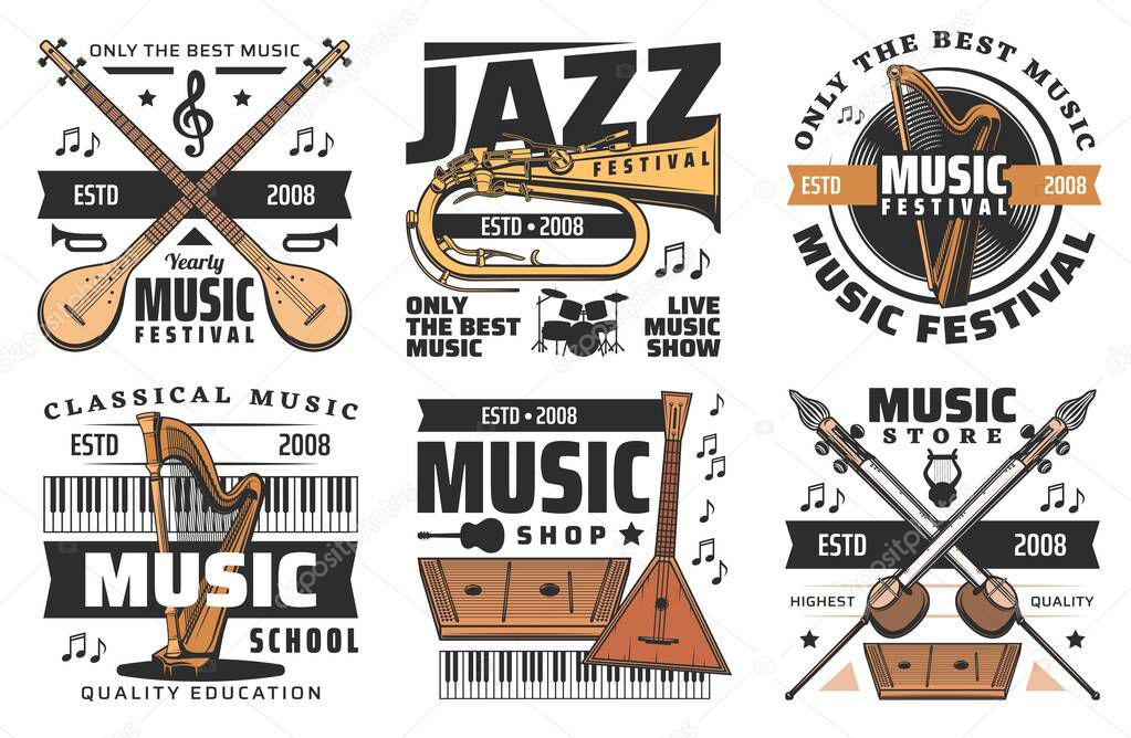 Jazz music fest and live musical festival show, vector icons. Folk and classic orchestra and concert musical instruments store or shop signs, percussion drums, harp and balalaika, piano and trombone