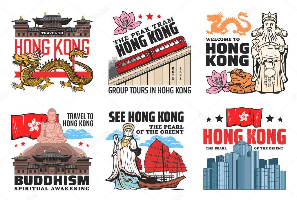 Hong Kong travel landmarks, culture and history city sightseeing tours, tourism agency vector icons. Welcome to Hong Kong, Buddhist temples and pagodas, peak tram and red sails boat on river