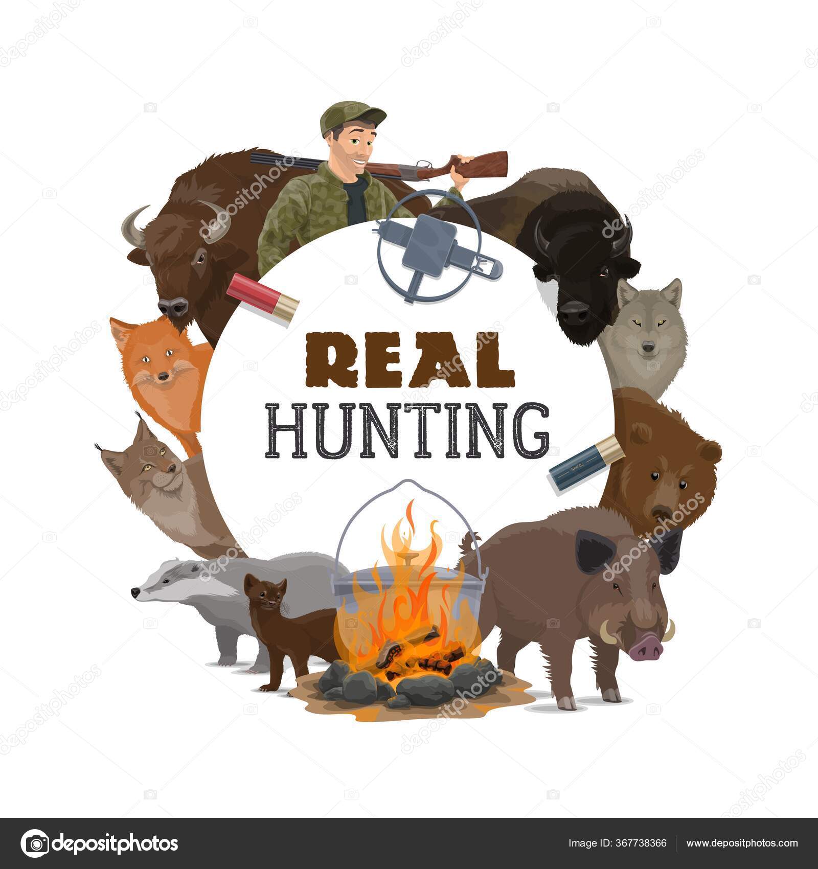 狩猎俱乐部开放的季节病媒海报与野生动物和狩猎弹药设备猎手用来复枪子弹和陷阱猎熊野猪和獾狼和山猫水牛和水仙, image size:1600x1700