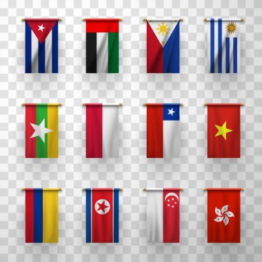 Gerçekçi bayraklar 3d vektörü Burma, Kolombiya ve Şili, Uruguay, Küba, BAE. Polonya, Filipinler ve Singapur, Hong Kong, DPRK Kuzey Kore, Vietnam izole edilmiş ulusal ülkeler, bayraklar
