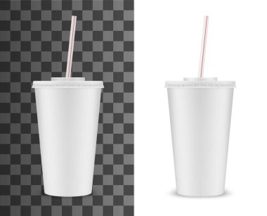 Soda bardağı şeritli içecek pipetli, vektör gerçekçi 3D beyaz tek kullanımlık paket modeli. Soda, meyve suyu ya da buzlu çay fast food meşrubat ve kapalı kapaklı plastik bardak.