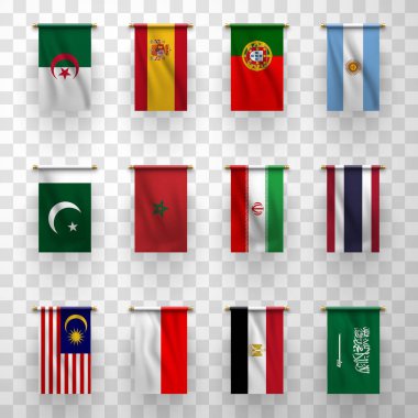 Gerçekçi bayraklar Cezayir, Fas ve Mısır 'ı, İran' ı, Pakistan 'ı, Tayland' ı ve Malezya 'yı simgeler. Endonezya ve Suudi Arabistan, İspanya, Portekiz ve Arjantin, sembolik olarak izole edilmiş ulusal ülkeler, 3D bayrakları