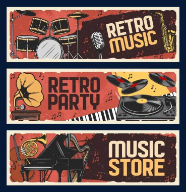 Retro müzik enstrümanları mağazası, vektör retro vintage afişler. Caz müzik festivali ve vinil plak kayıtları gramofon, klasik piyano ve orkestra arpı, perküsyon davulları ve saksafon ile canlı müzik partisi