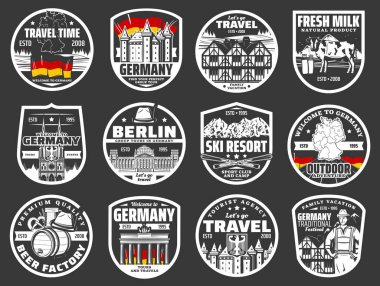 Almanya 'ya hoş geldiniz, seyahat acentası şehir turu ikonları. Berlin şehir simgeleri ve ünlü mimari, Oktoberfest bira festivali, Bavyera kayak merkezi ve aile tatil kampı kulübü