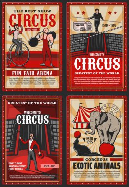 Sirk ve lunapark gösterisi, vektör antika posterler. Fok hokkabazlığı ve fillerin top, güçlü adam ve sıkı ip yürüyüşü dengeleyicisiyle sirk performansına hoş geldiniz.