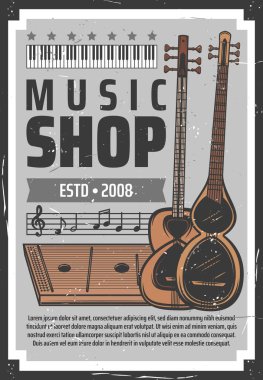 Music instruments shop, vector vintage retro poster with notes stave. Classical piano or synthesizer, folk guitars and professional musician equipment store for live acoustic concert band clipart