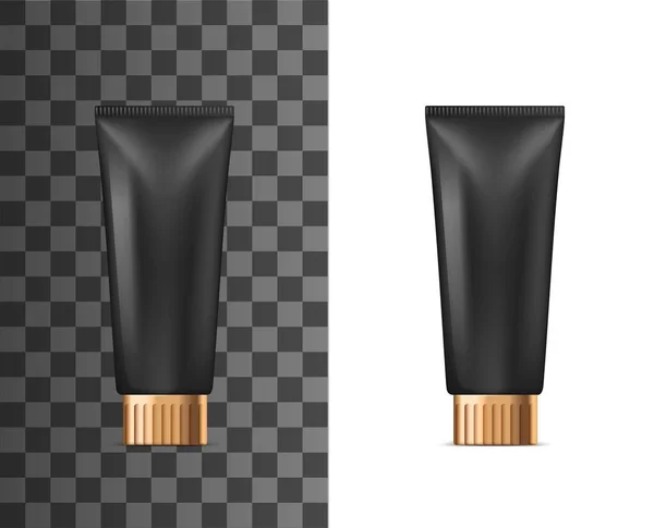 Tube Cosmétique Plastique Noir Crème Avec Couvercle Doré Modèle Réaliste — Image vectorielle