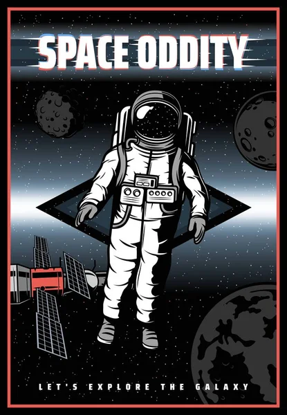 Astronauta Espaço Sideral Poster Retrô Vetorial Com Efeito Falha Exploração — Vetor de Stock