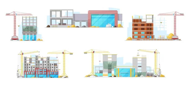 Житлові Будинки Міські Офісні Будівлі Процесі Будівництва Векторні Іконки Будівельного — стоковий вектор