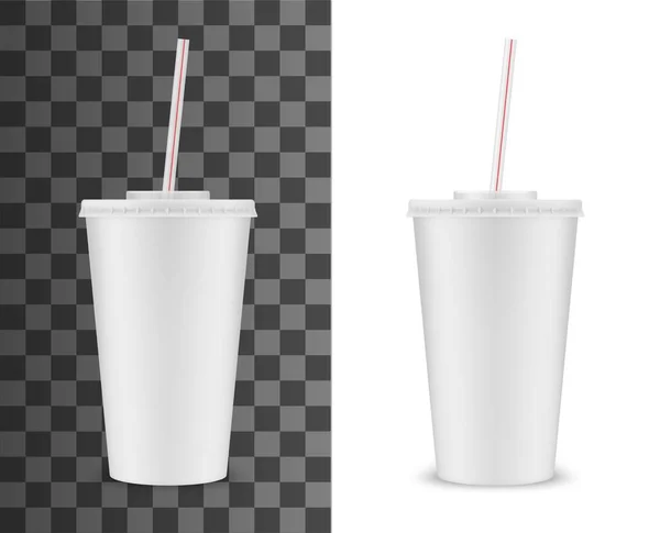 ソーダ飲料プラスチックカップとストライプ飲料わら ベクトル現実的な3Dホワイト使い捨てパッケージモックアップ ソーダ ジュースまたはアイスティーファーストフードソフトドリンクと蓋付き飲料プラスチックカップ — ストックベクタ