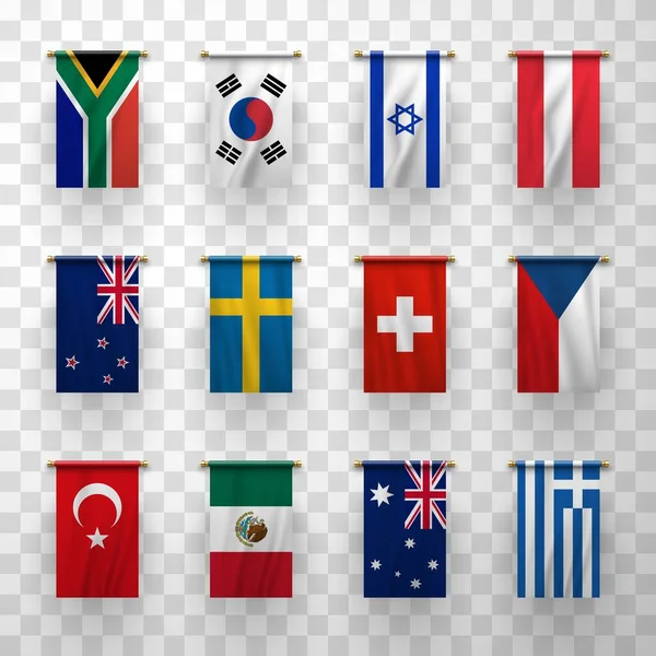 Drapeaux Réalistes Icônes Australie Nouvelle Zélande Corée Sud Suède Suisse — Image vectorielle