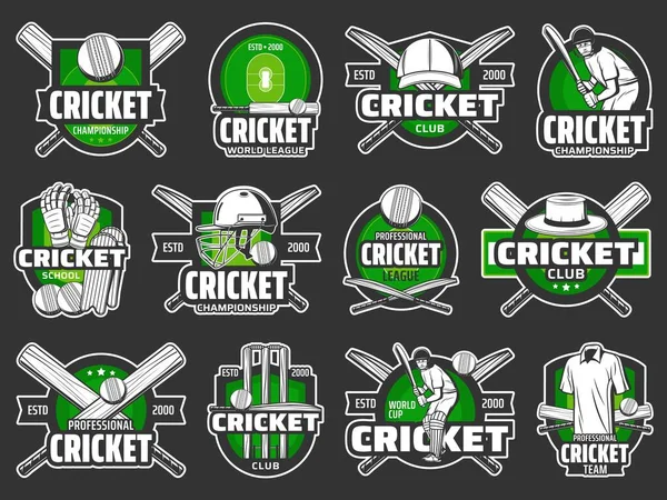 Cricket Club Abzeichen Und Sportmannschaftsabzeichen Liga Meisterschaftspokal Vektor Symbole Cricket — Stockvektor