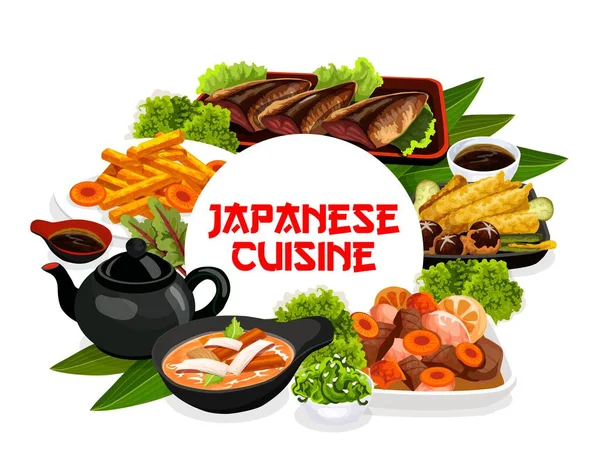 Platos Cocina Japonesa Auténtico Menú Vectorial Restaurante Desayuno Tradicional Almuerzo — Vector de stock