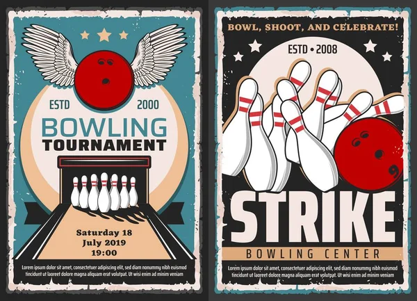 Bowling Turnering Fritid Och Underhållning Sportcenter Vektor Vintage Affischer Bowling — Stock vektor