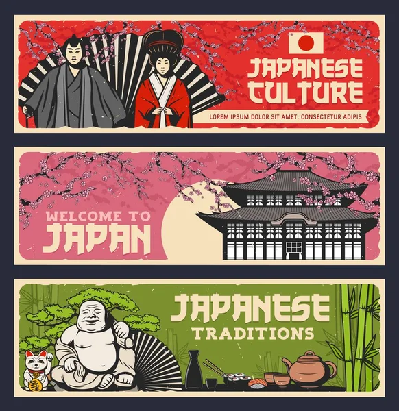 Bienvenidos Japón Banderas Vectoriales Vintage Cultura Japonesa Tradiciones Comida Monumentos — Vector de stock
