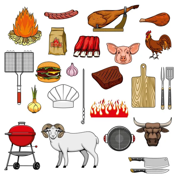 Barbecue Grill Vlees Eten Grill Picknick Apparatuur Items Vector Pictogrammen — Stockvector