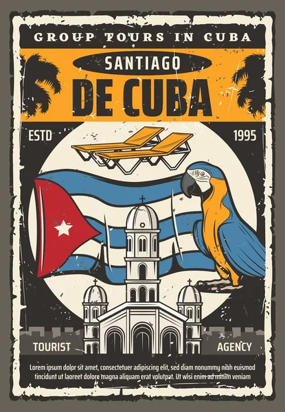 Cuba Travel Vector Retro Vintage Poster Habana Landmarks Santiago City — Vector de stock