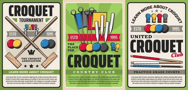 Kroket Sportovní Klub Turnaj Mistrovství Country Týmu Vektorové Vintage Plakáty — Stockový vektor