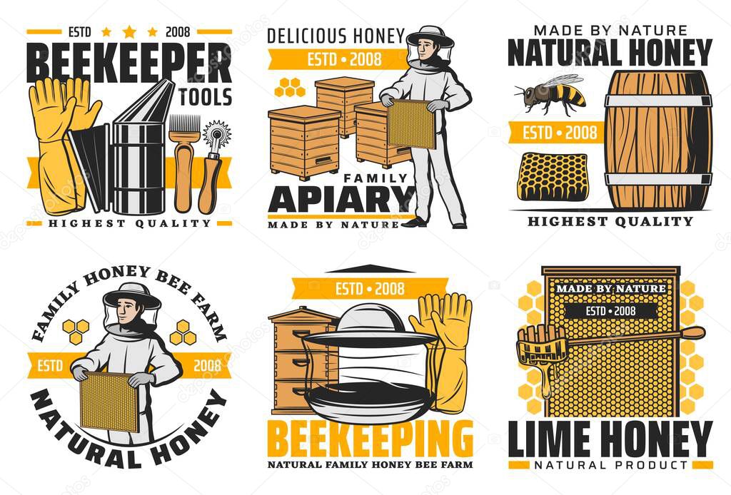 Honey and beekeeping farm, vector farm made product icons. Family apiary agriculture production and beekeeper tools shop labels, beehive honeycomb, wooden barrel and honey splash drops