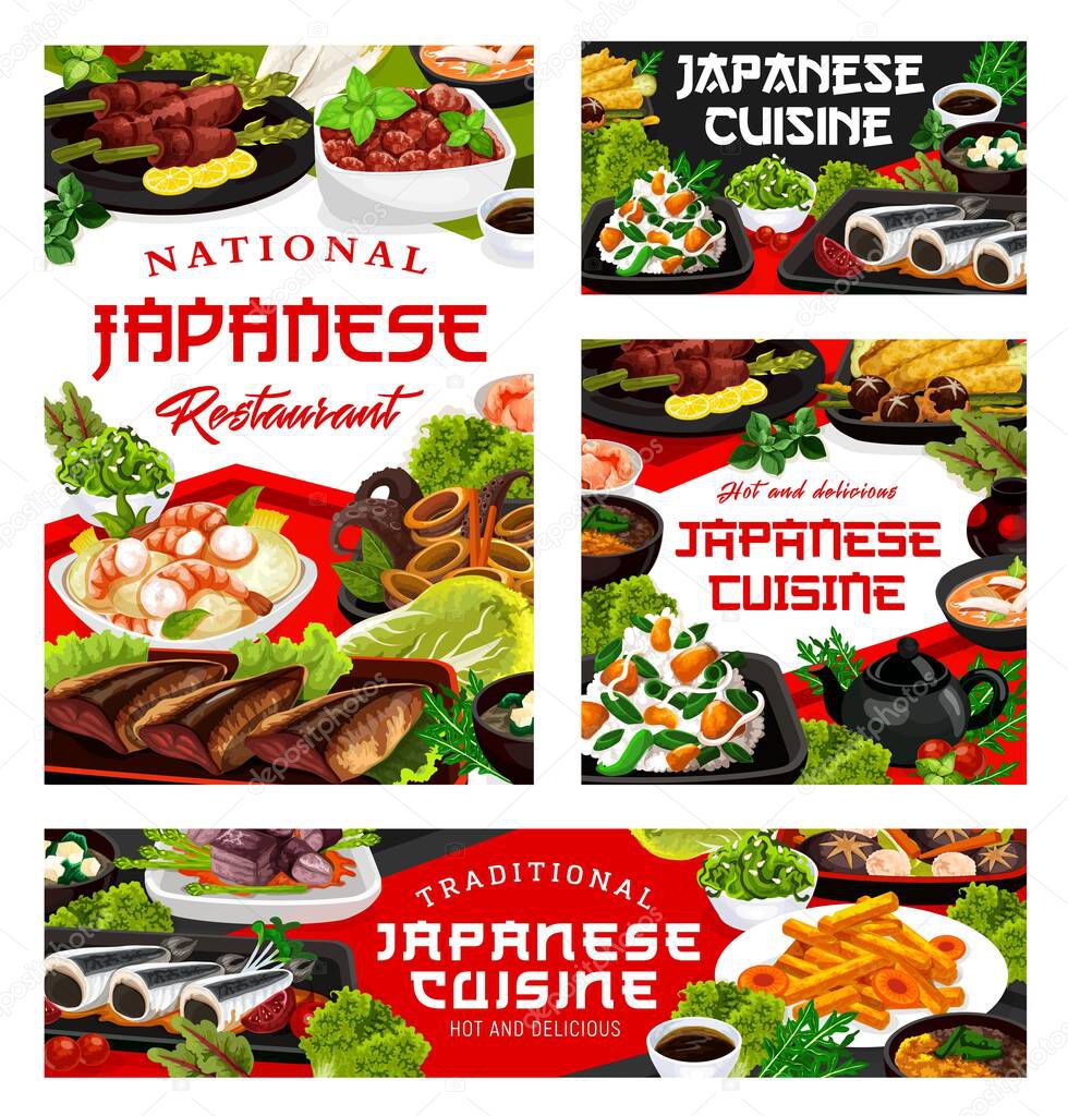 Japanese cuisine food dishes, Japan authentic traditional meals and restaurant menu, vector. Japanese cuisine seafood tempura, vinegar potatoes and miso fried pork, minced cutlets and squid rings