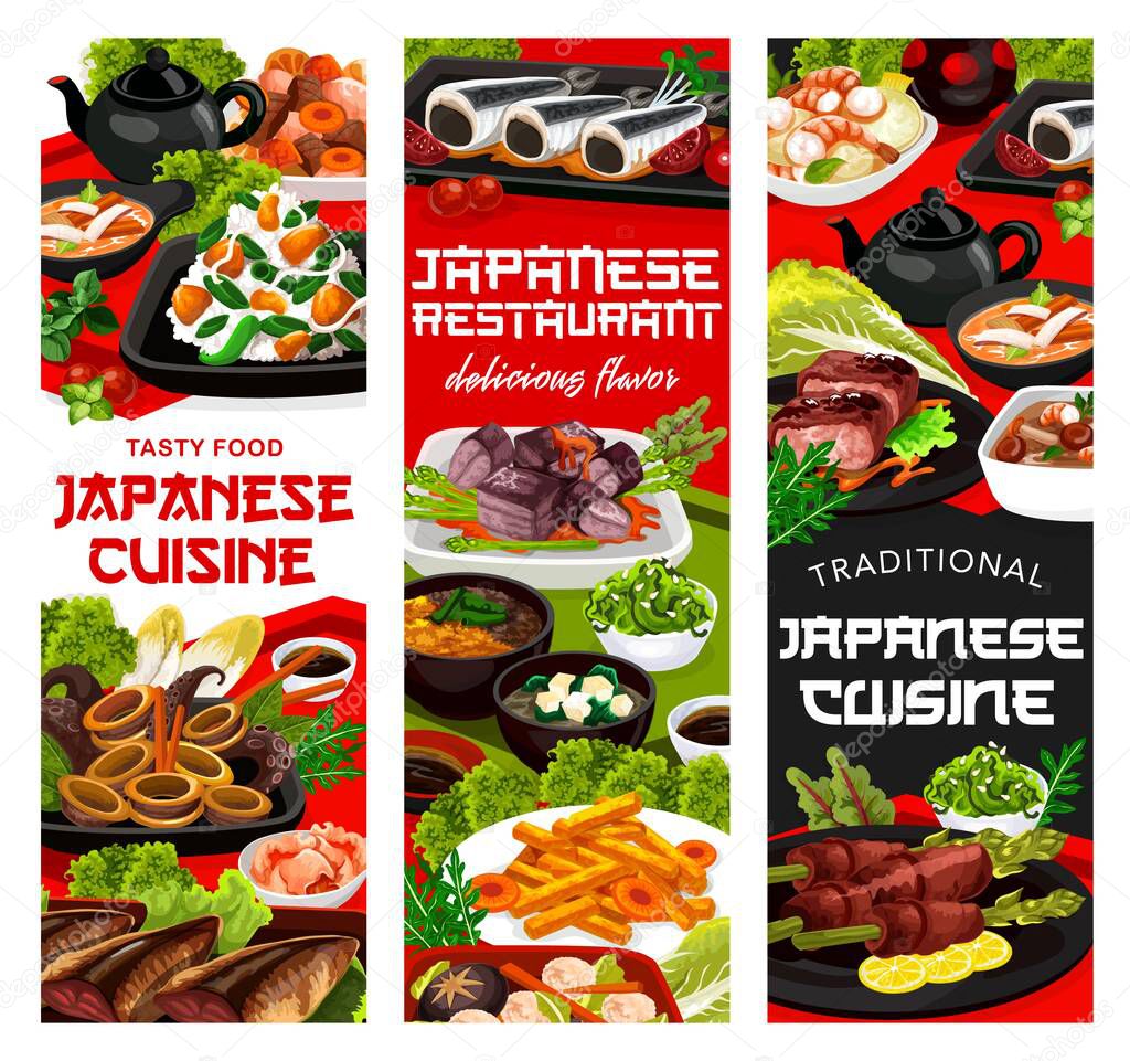 Japanese cuisine food, traditional dishes and national dinner and lunch meals. Japanese restaurant authentic food menu of miso pork, iwashi fish stew with pickled plumps, boiled shrimps and tempura