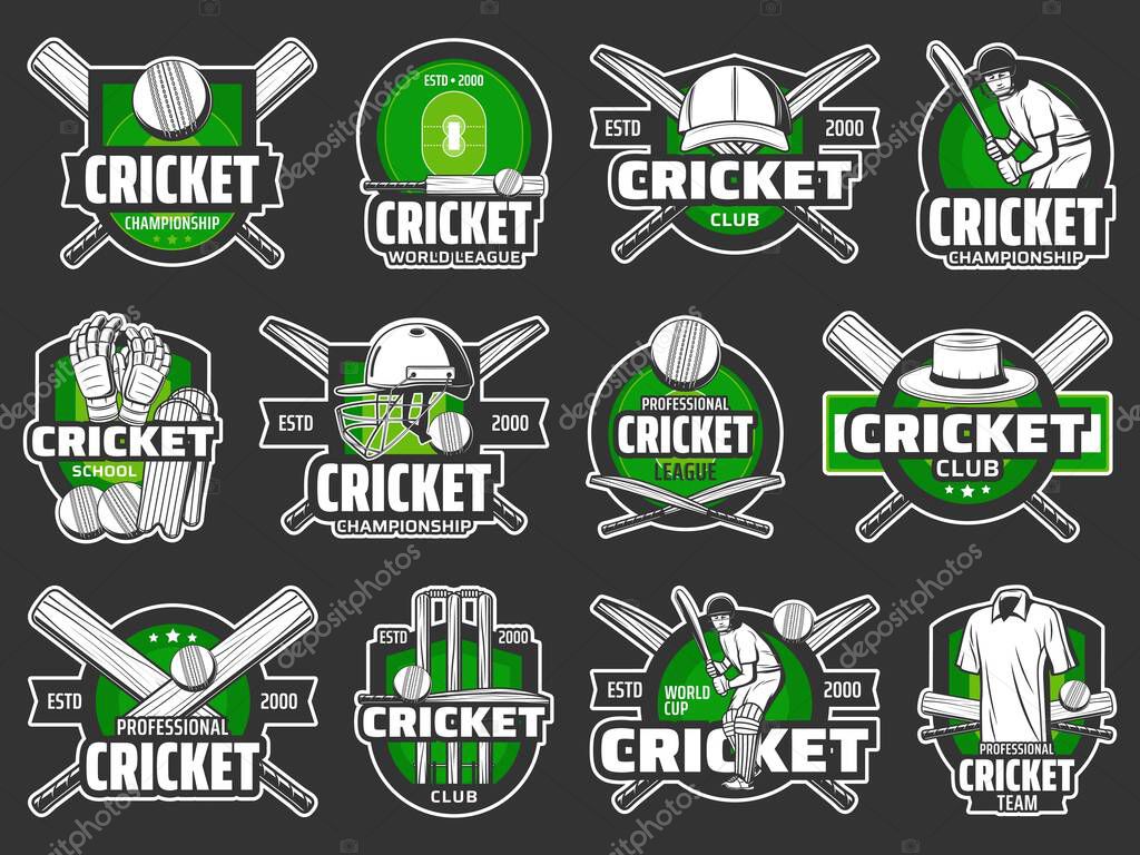 Cricket club badges and sport team emblems, league championship cup, vector icons. Cricket sport player equipment bats and balls signs for professional game tournament
