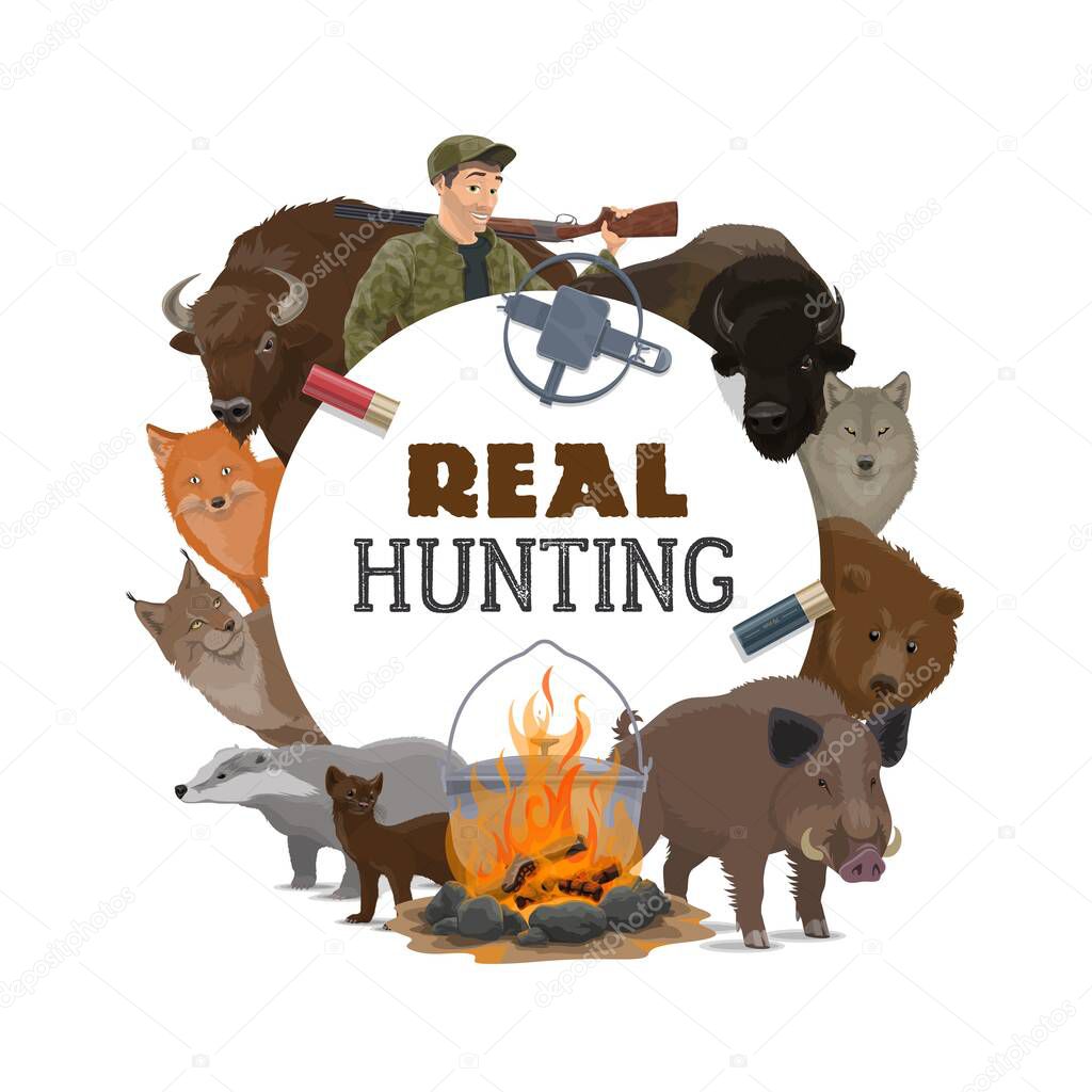 Hunt club opens season, vector poster with wild animals and hunting ammo equipment. Hunter with rifle gun, bullets and trap for bear, boar hog and badger, fox, wolf and lynx, buffalo and ermine
