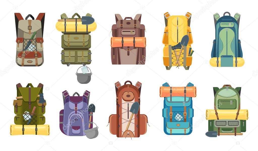 Backpack, rucksack and travel bag with tourist equipment icons of hiking, camping, tourism and outdoor adventure vector design. Backpacks with camp gears, mats, sleeping bags and knives, axes, spades