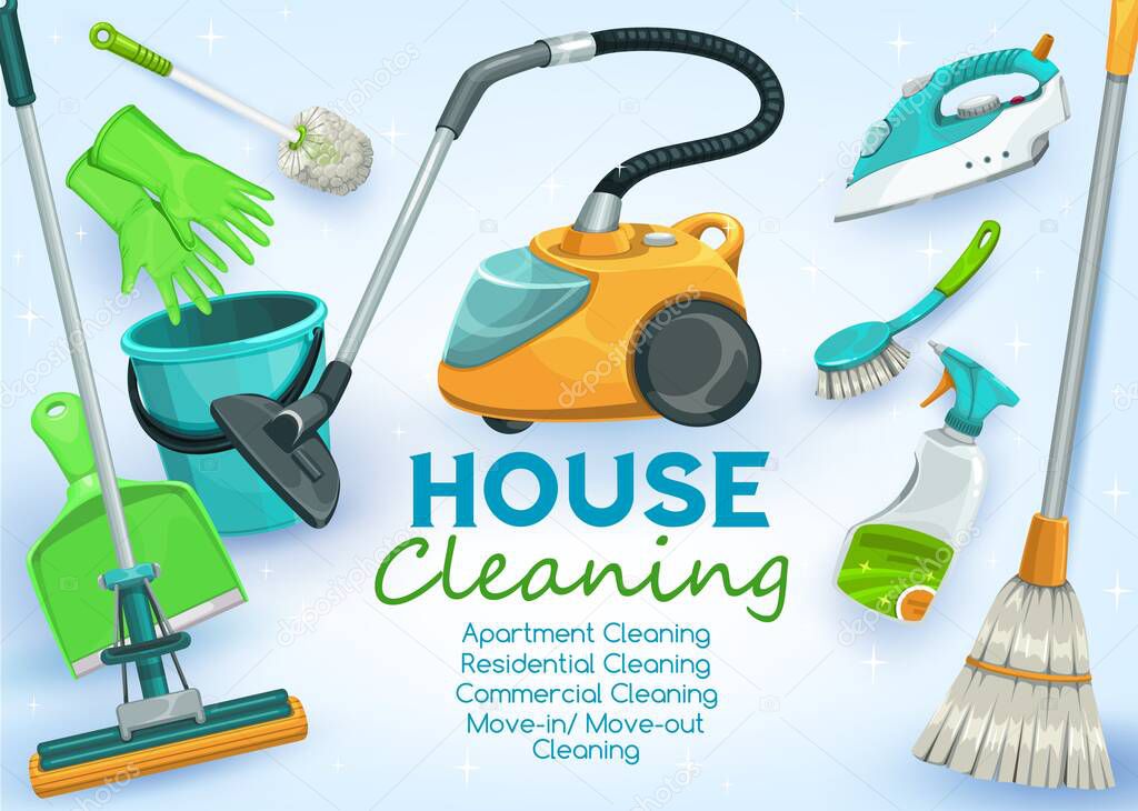 House cleaning service for apartments, residential homes and commercial buildings. Move-in and Move-out washing and cleaning, vector poster with vacuum cleaner, mop and scoop, broom and water bucket