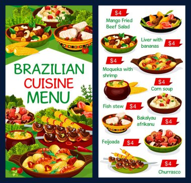 Brezilya mutfağı yemekleri, geleneksel restoran menüleri, vektör. Brezilya churrasco eti, bacalhau africano balığı ve kızarmış et salatası, karidesli moqueca ve feijoada, mısır darbesi