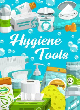 Hijyen banyosu, banyo şampuanı, sabun, kişisel sağlık ürünleri. Hijyen malzemeleri ve kozmetik ürünleri, tuvalet kağıdı ve deodorant, diş macunu ve ıslak mendil, banyo süngeri ve sabun köpüğü.