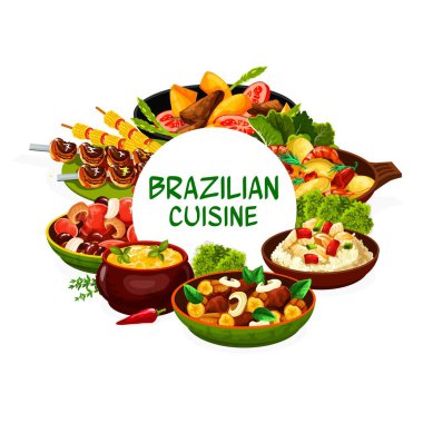 Brezilya mutfağı menüleri, vektör geleneksel yemekler. Brezilya mutfağı menüsü feijoada fasulyesi, churrasco eti ve balık bacalhau, karides deniz ürünleri ve mısır çorbası, sebze