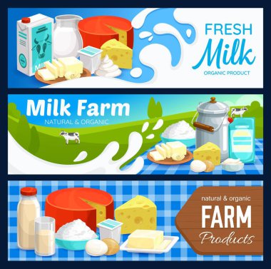 Süt ve süt ürünleri, çiftlik peyniri, yoğurt ve tereyağı vektör pankartları. Süt ürünleri ve yiyecek, cam sürahi ve şişe süt, süzme peynir, tereyağı ve yoğurt, ekşi krema ve mayonez.