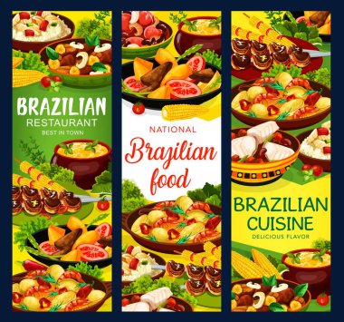 Brezilya mutfağı churrasco et şişleri ve mango kızarmış et salatası, feijoada fasulyesi ve bacalhau balığı, mısır çorbası ve karides deniz ürünleri ile moqueca. Brezilya geleneksel menü öğünleri vektör pankartları