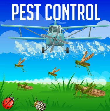 Locust, grasshopper, ladybug and colorado beetle pest control. Aerial insecticide and pesticide disinsection, vector. Agriculture insects extermination, pest control aircraft spraying insecticide clipart