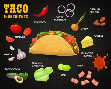 Taco, Meksika fast food 'unu malzemelerle yönlendir. Et ve sebzeli mısır tortilla, kırmızı biber veya jalapeno biberi, marul salatası, sığır eti, domates ve peynir, avokado guacamole, ahşap zemin üzerinde sarımsak