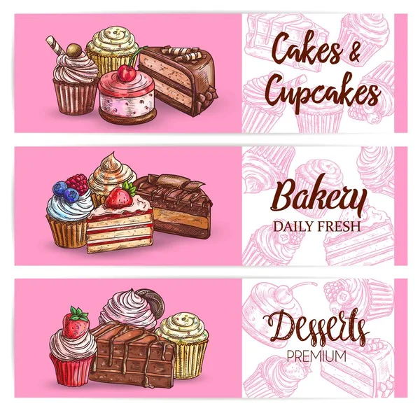 Dessert Sweet Cakes Cupcakes Bakery Vector Sketch Banners Chocolate Cream — Stock Vector